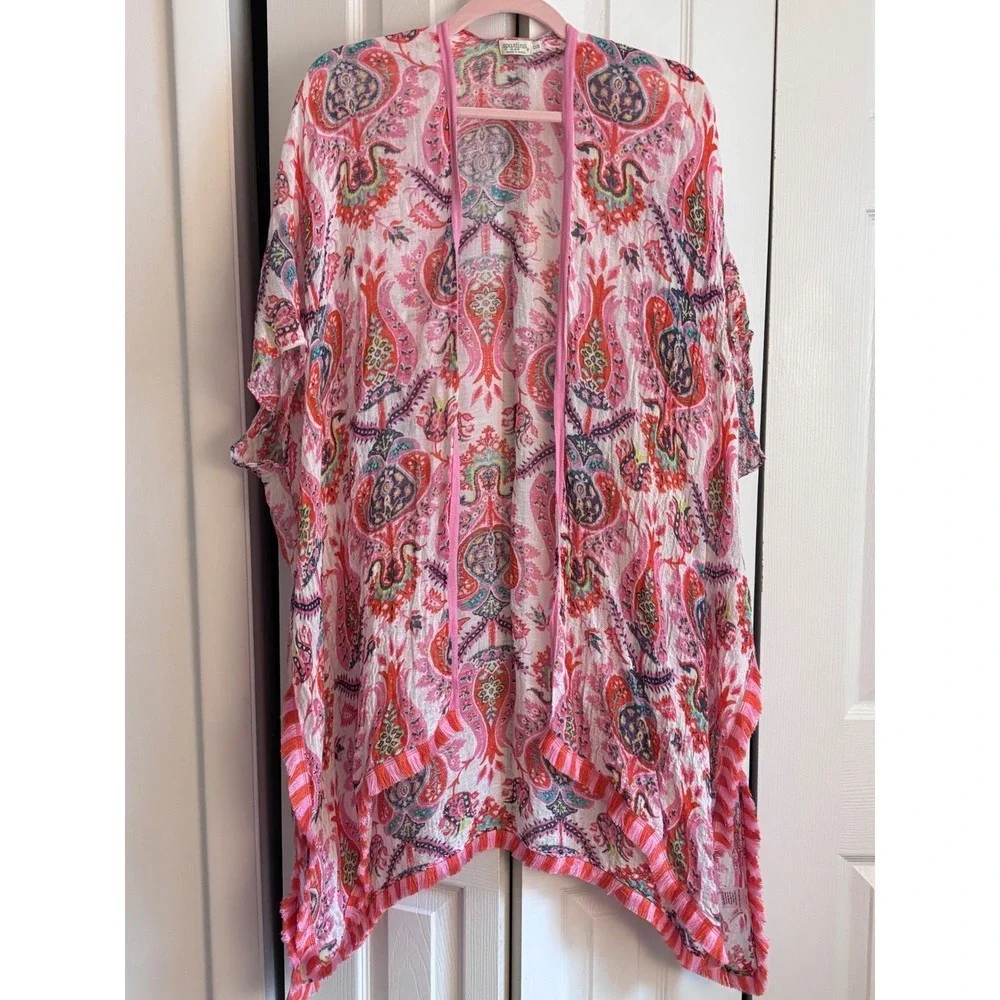 Spartina Linen Blend  Gauze Kimono Duster Cover-Up Fringe One Size Boho Coastal